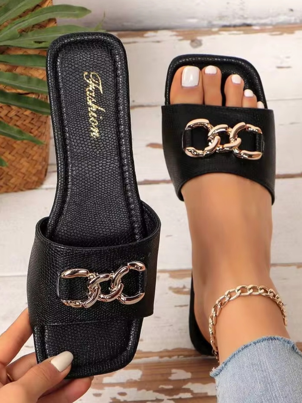 SHEIN Black Slide Mules with Gold Chain Detail